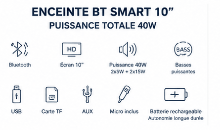 ENCEINTE BT RECH. 2x5W+2x15W 40W BASS ECRAN 10'' SMART - kashkazi976.yt