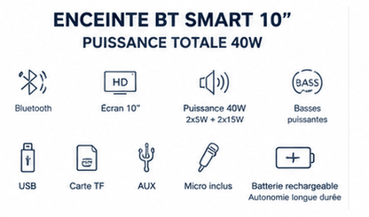 ENCEINTE BT RECH. 2x5W+2x15W 40W BASS ECRAN 10'' SMART - kashkazi976.yt