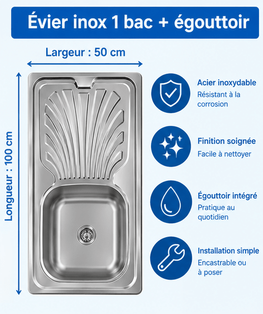 Evier inox apparent 1.5 m x 0.5m - kashkazi976.yt