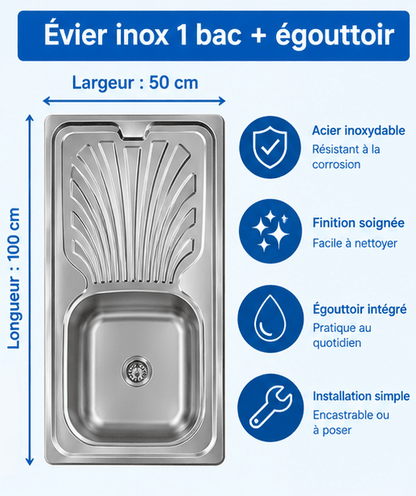 Evier inox apparent 1.5 m x 0.5m - kashkazi976.yt