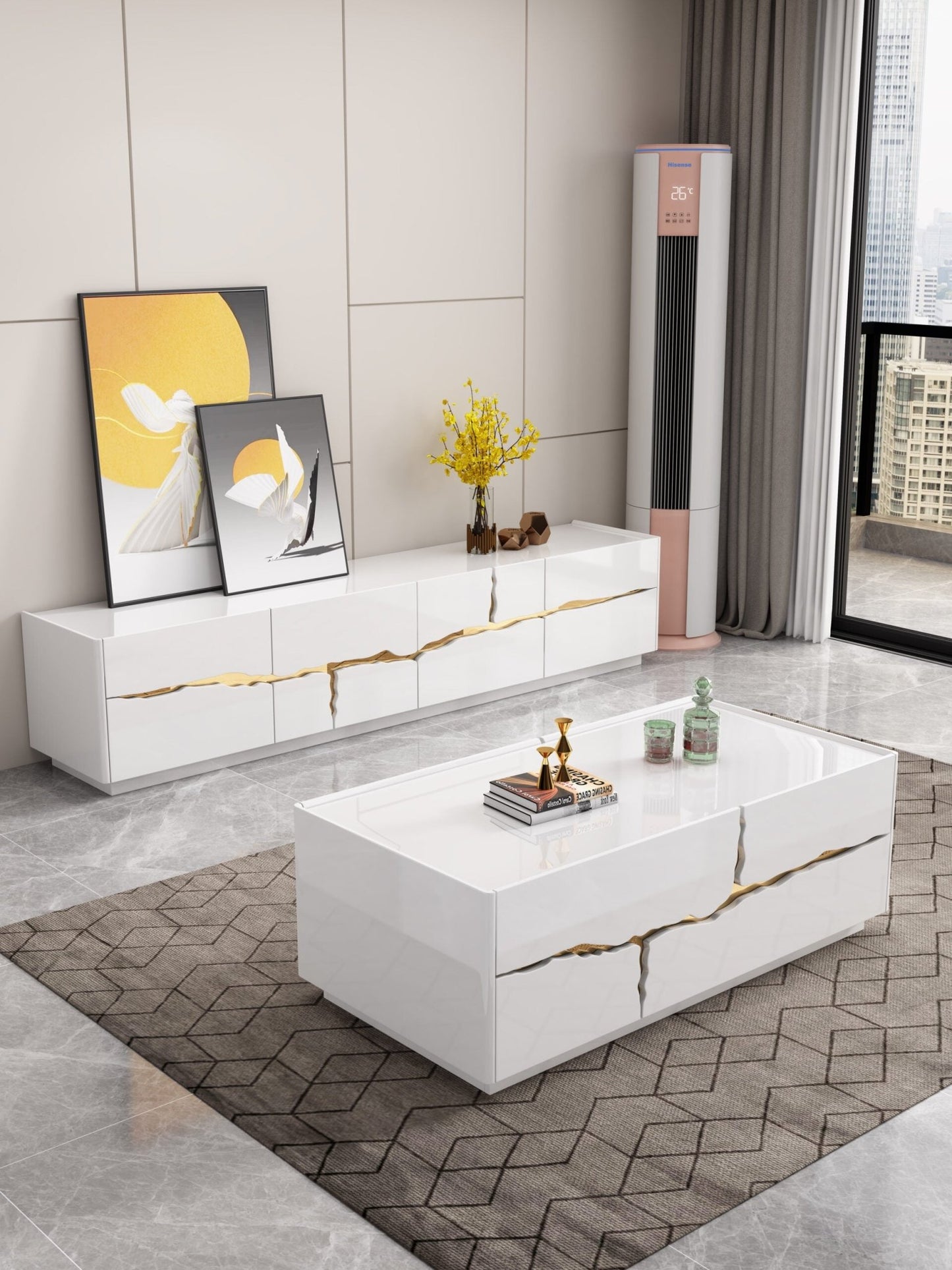 TABLE TV 92642 2000X400X450 BLANC DORE - kashkazi976.yt